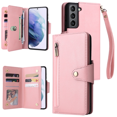 

For Samsung Galaxy S21 5G Rivet Buckle 9 Cards Three Fold Leather Phone Case(Rose Gold)