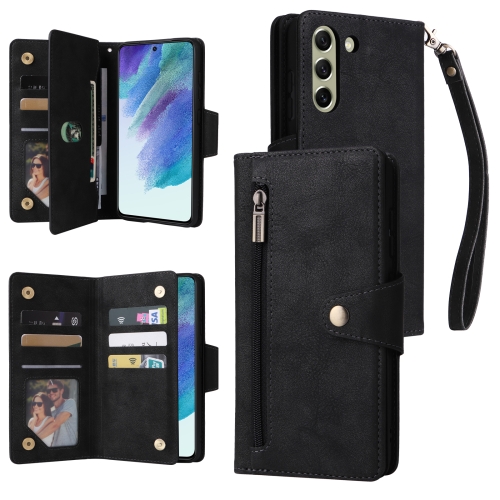 

For Samsung Galaxy S21 FE 5G Rivet Buckle 9 Cards Three Fold Leather Phone Case(Black)