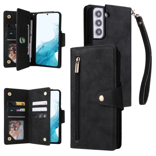 

For Samsung Galaxy S22 Rivet Buckle 9 Cards Three Fold Leather Phone Case(Black)