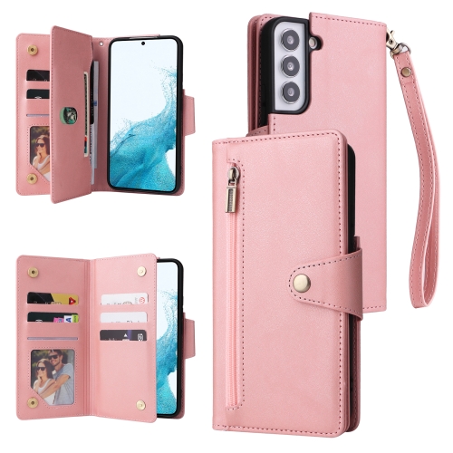 

For Samsung Galaxy S22 Rivet Buckle 9 Cards Three Fold Leather Phone Case(Rose Gold)