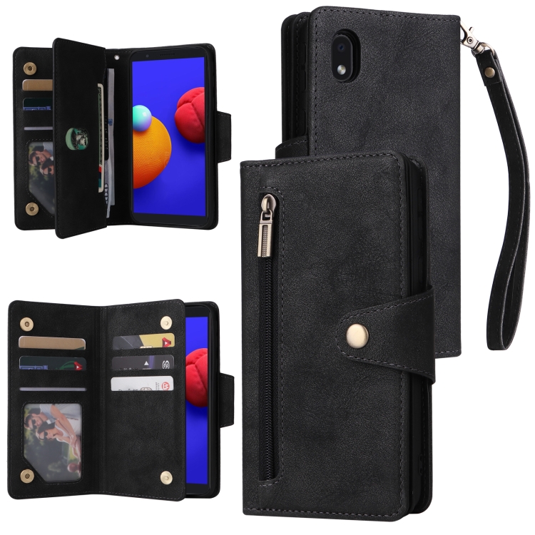

For Samsung Galaxy A01 Core Rivet Buckle 9 Cards Three Fold Leather Phone Case(Black)