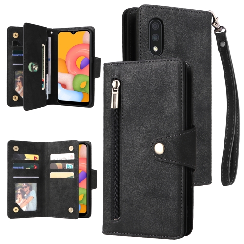 

For Samsung Galaxy A01 EU Version Rivet Buckle 9 Cards Three Fold Leather Phone Case(Black)