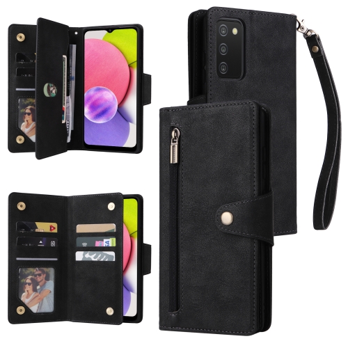 

For Samsung Galaxy A03S 166mm Rivet Buckle 9 Cards Three Fold Leather Phone Case(Black)