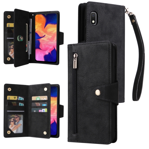 

For Samsung Galaxy A10 Rivet Buckle 9 Cards Three Fold Leather Phone Case(Black)