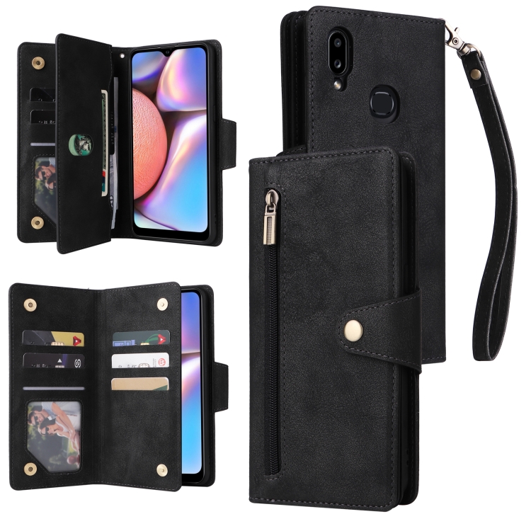 

For Samsung Galaxy A10s Rivet Buckle 9 Cards Three Fold Leather Phone Case(Black)