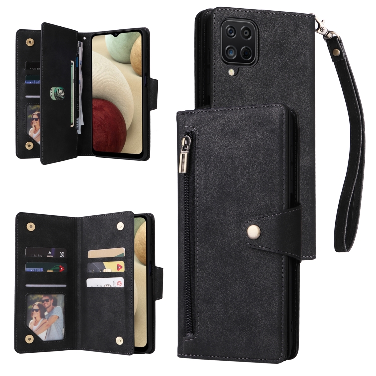 

For Samsung Galaxy A12 5G Rivet Buckle 9 Cards Three Fold Leather Phone Case(Black)
