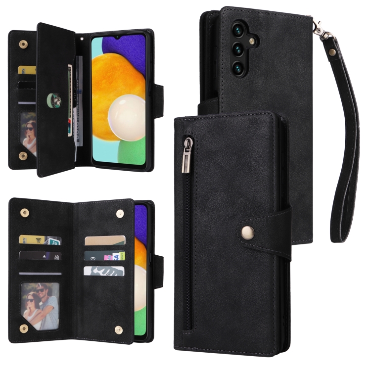 

For Samsung Galaxy A13 5G Rivet Buckle 9 Cards Three Fold Leather Phone Case(Black)