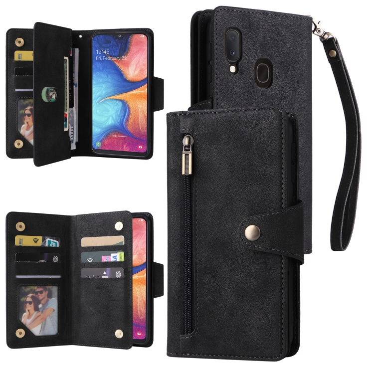 

For Samsung Galaxy A20E Rivet Buckle 9 Cards Three Fold Leather Phone Case(Black)