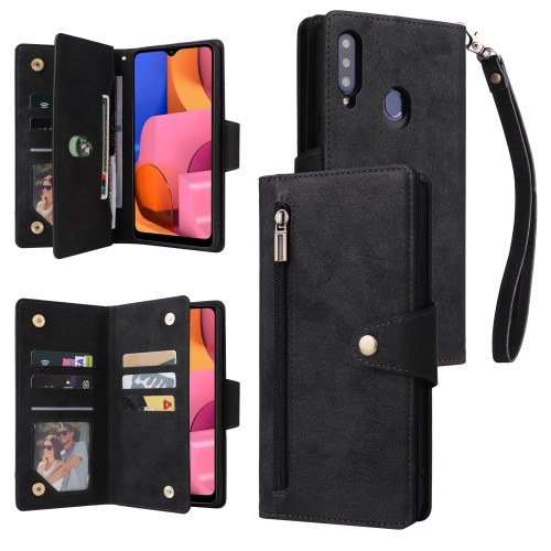 

For Samsung Galaxy A20S Rivet Buckle 9 Cards Three Fold Leather Phone Case(Black)