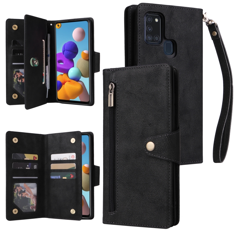 

For Samsung Galaxy A21S Rivet Buckle 9 Cards Three Fold Leather Phone Case(Black)
