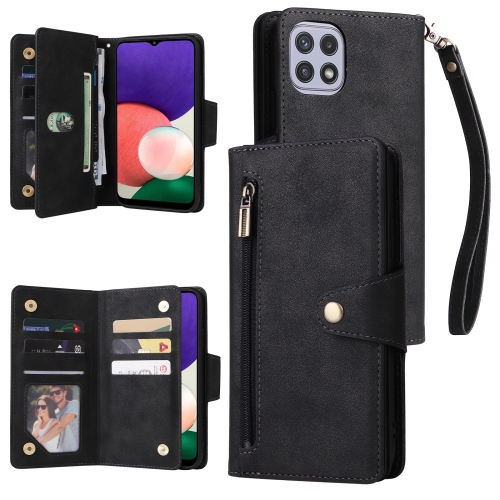 

For Samsung Galaxy A22 5G Rivet Buckle 9 Cards Three Fold Leather Phone Case(Black)