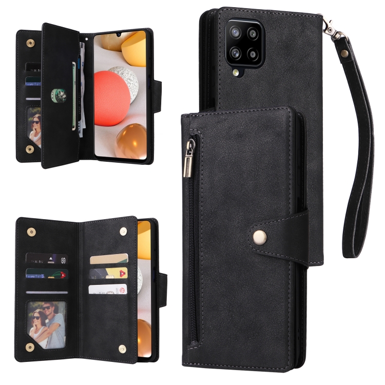 

For Samsung Galaxy A42 5G Rivet Buckle 9 Cards Three Fold Leather Phone Case(Black)