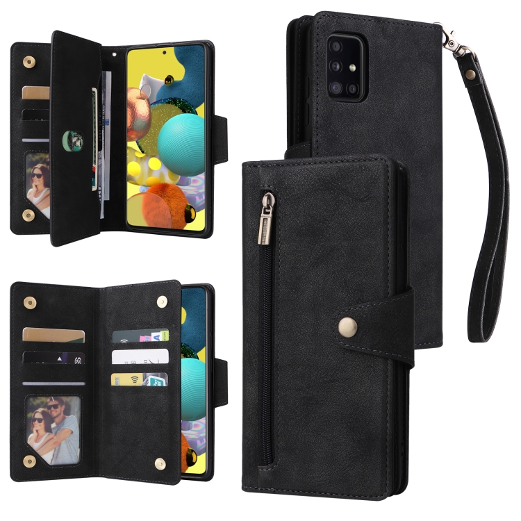 

For Samsung Galaxy A51 5G Rivet Buckle 9 Cards Three Fold Leather Phone Case(Black)