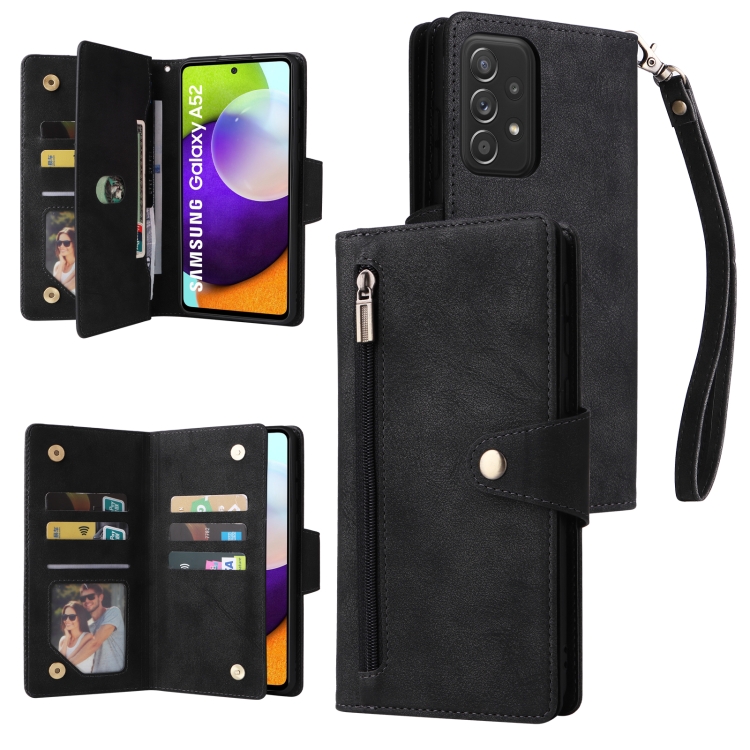 

For Samsung Galaxy A52 5G Rivet Buckle 9 Cards Three Fold Leather Phone Case(Black)