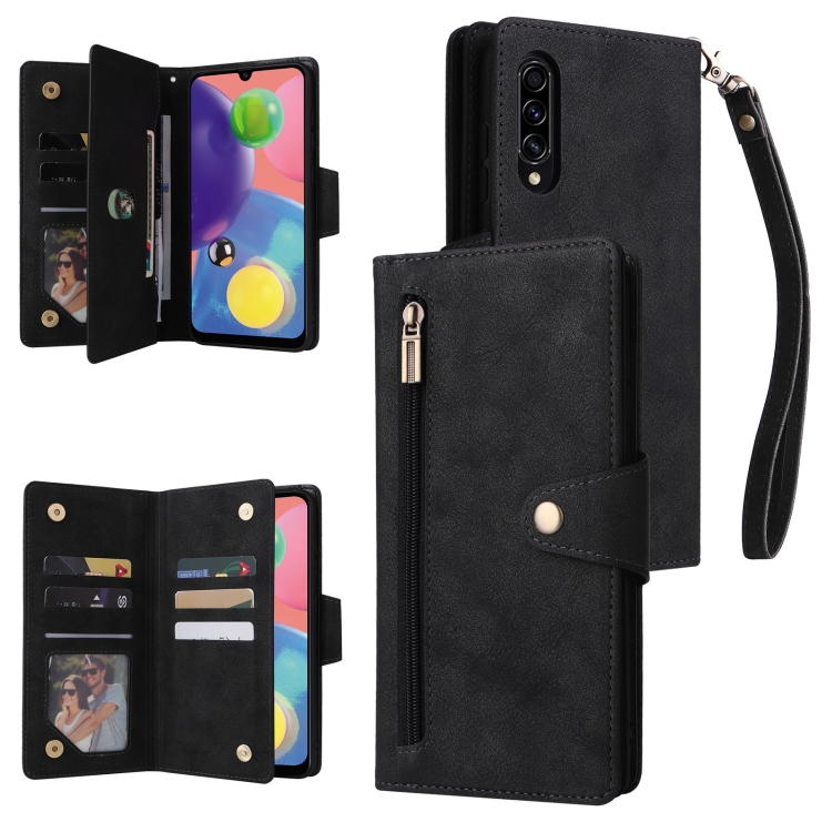 

For Samsung Galaxy A70/A70S Rivet Buckle 9 Cards Three Fold Leather Phone Case(Black)