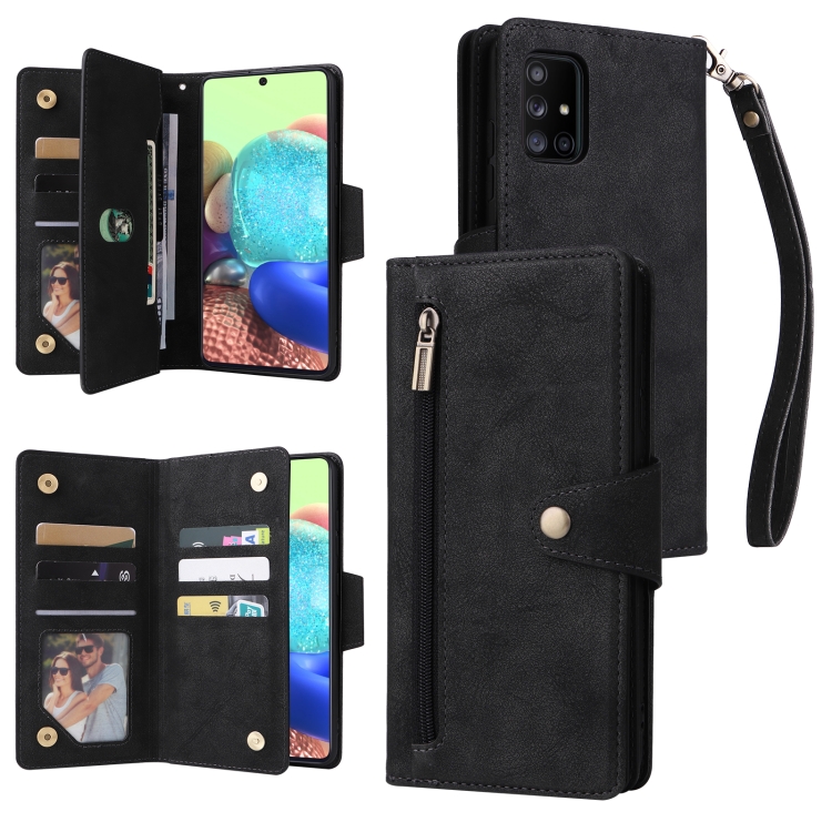 

For Samsung Galaxy A71 5G Rivet Buckle 9 Cards Three Fold Leather Phone Case(Black)