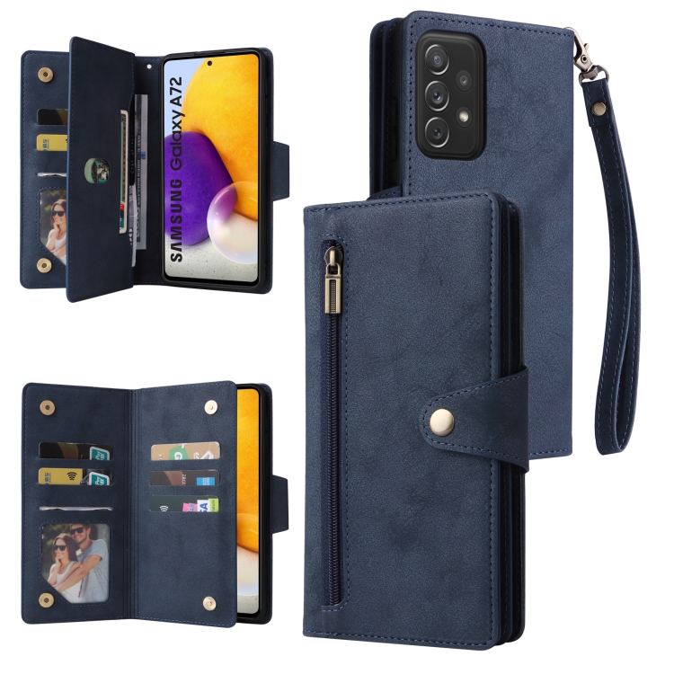 For Samsung Galaxy A72 Rivet Buckle Cards Three Fold Leather