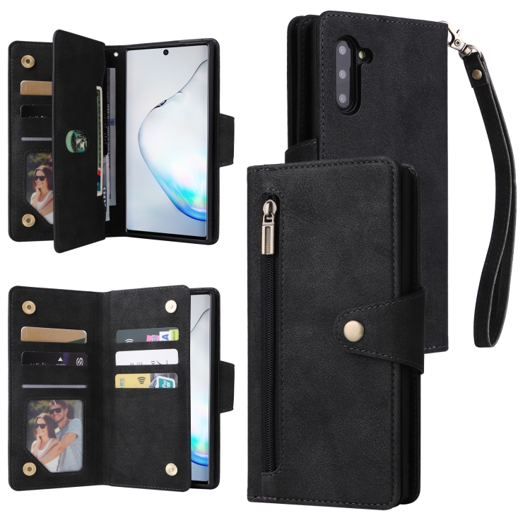 

For Samsung Galaxy Note10 Rivet Buckle 9 Cards Three Fold Leather Phone Case(Black)