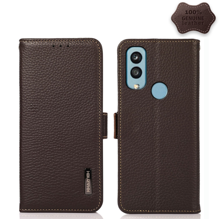 

For Kyocera Android One S9 KHAZNEH Side-Magnetic Litchi Genuine Leather RFID Phone Case(Brown)