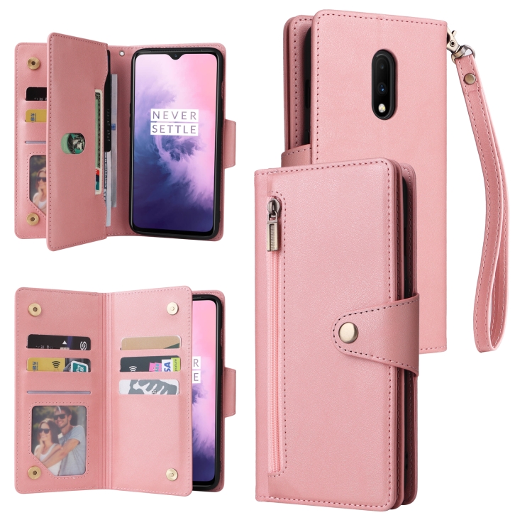 

For OnePlus 7 Rivet Buckle 9 Cards Three Fold Leather Phone Case(Rose Gold)