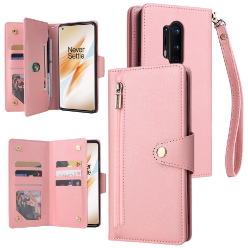 

For OnePlus 8 Pro Rivet Buckle 9 Cards Three Fold Leather Phone Case(Rose Gold)