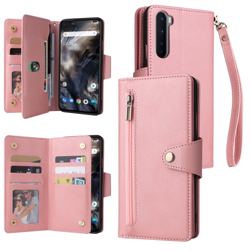 

For OnePlus Nord Rivet Buckle 9 Cards Three Fold Leather Phone Case(Rose Gold)