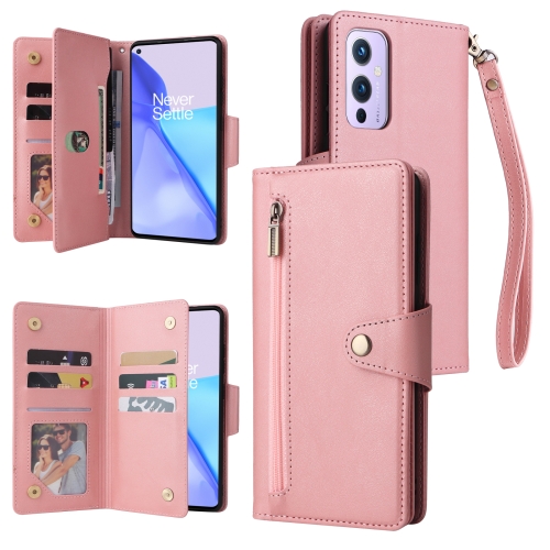 

For OnePlus 9 Rivet Buckle 9 Cards Three Fold Leather Phone Case(Rose Gold)