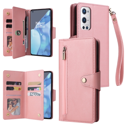 

For OnePlus 9 Pro Rivet Buckle 9 Cards Three Fold Leather Phone Case(Rose Gold)