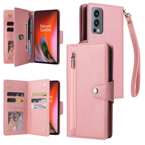 

For OnePlus Nord 2 Rivet Buckle 9 Cards Three Fold Leather Phone Case(Rose Gold)