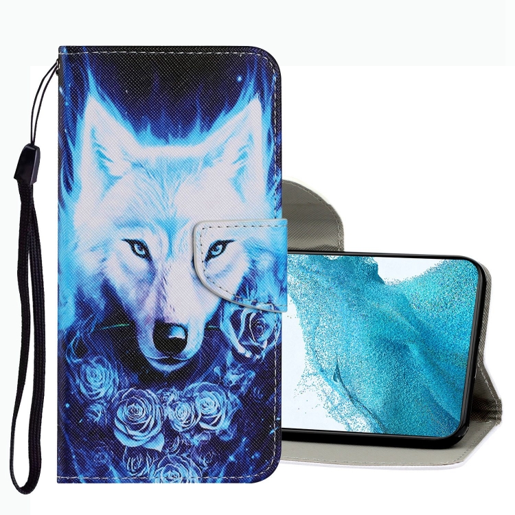 

For Samsung Galaxy S22+ 5G Coloured Drawing Pattern Leather Phone Case(Rose Wolf)