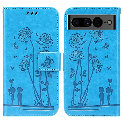 For Google Pixel 7 5G Embossing Rose Couple Leather Phone Case(Blue)