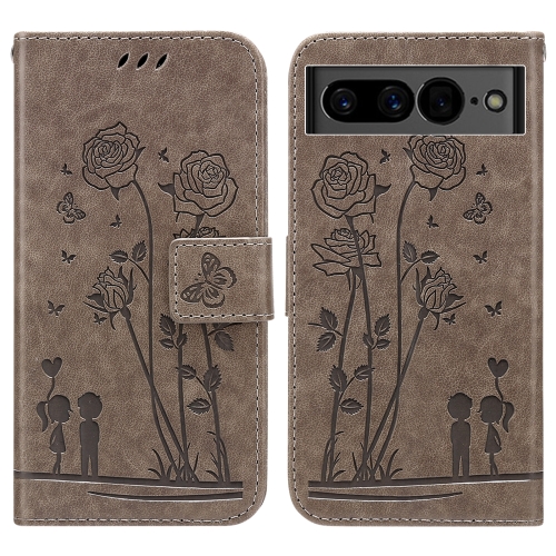 For Google Pixel 7 5G Embossing Rose Couple Leather Phone Case(Grey)