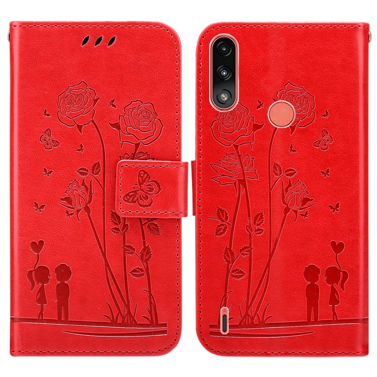 

For Motorola Moto E7i Power Embossing Rose Couple Leather Phone Case(Red)