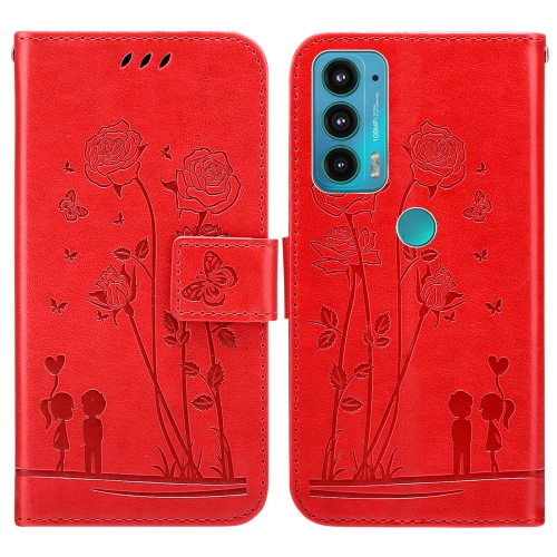 

For Motorola Moto E20 / E30 / E40 Embossing Rose Couple Leather Phone Case(Red)