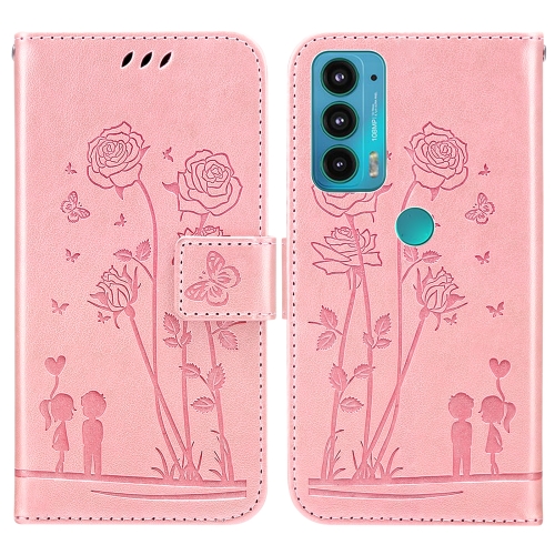 

For Motorola Moto E20 / E30 / E40 Embossing Rose Couple Leather Phone Case(Pink)