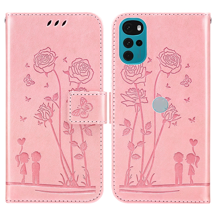 

For Motorola Moto G22 Embossing Rose Couple Leather Phone Case(Pink)