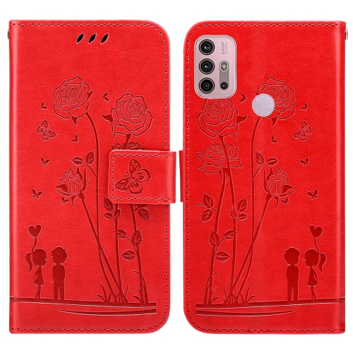 

For Motorola Moto G30 / G10 / G20 Embossing Rose Couple Leather Phone Case(Red)