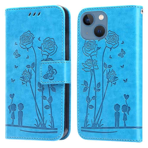 

Embossing Rose Couple Leather Phone Case For iPhone 13 mini(Blue)