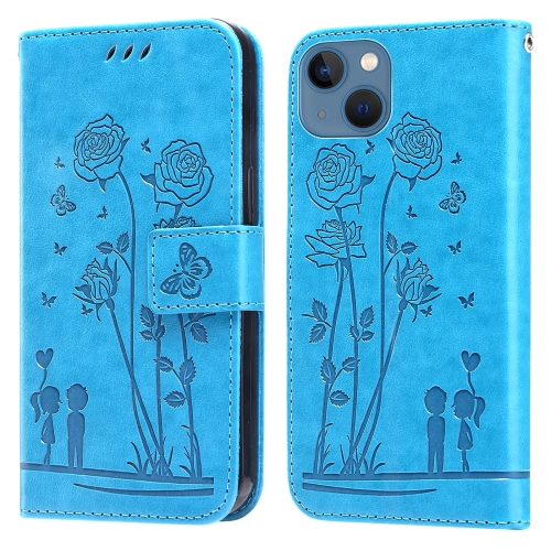 

Embossing Rose Couple Leather Phone Case For iPhone 13(Blue)