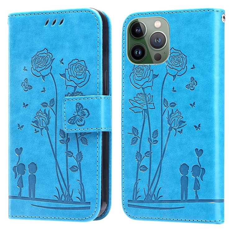 

Embossing Rose Couple Leather Phone Case For iPhone 13 Pro Max(Blue)