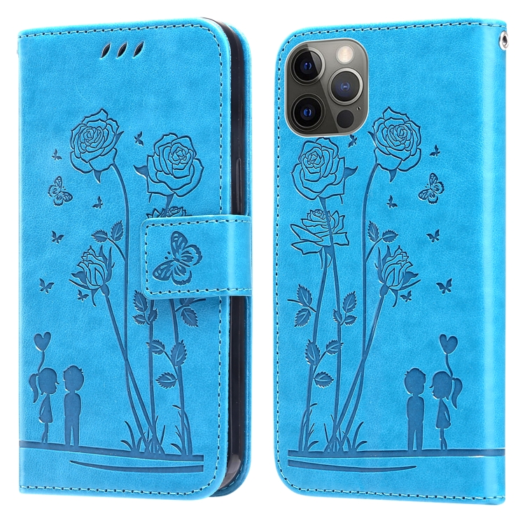 

Embossing Rose Couple Leather Phone Case For iPhone 12 / 12 Pro(Blue)