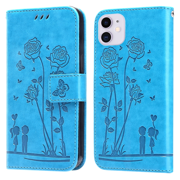 

For iPhone 11 Embossing Rose Couple Leather Phone Case (Blue)