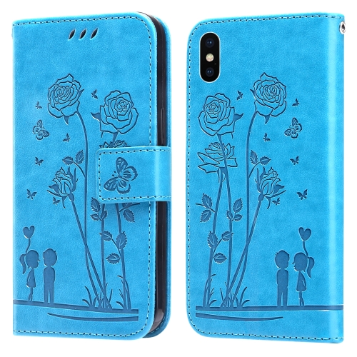 

For iPhone X / XS Embossing Rose Couple Leather Phone Case(Blue)