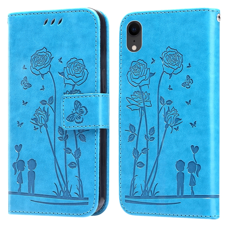 

Embossing Rose Couple Leather Phone Case For iPhone XR(Blue)