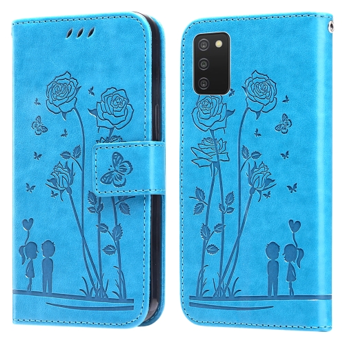 

For Samsung Galaxy A03s 166mm Embossing Rose Couple Leather Phone Case(Blue)