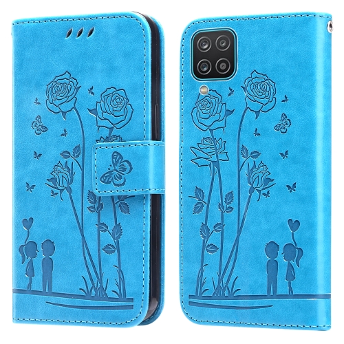 

For Samsung Galaxy A12 5G Embossing Rose Couple Leather Phone Case(Blue)