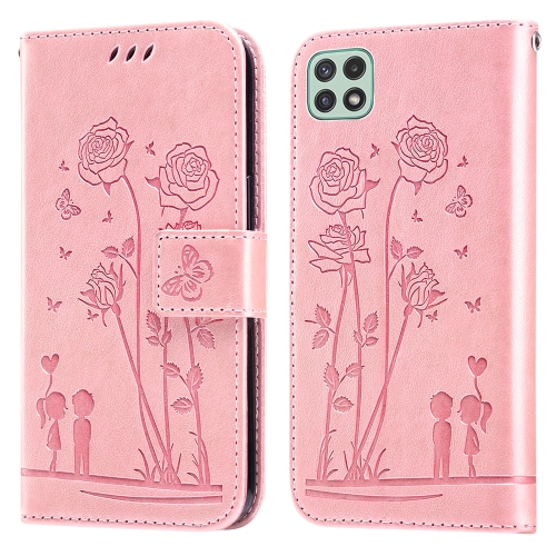 

For Samsung Galaxy A22 5G Embossing Rose Couple Leather Phone Case(Pink)