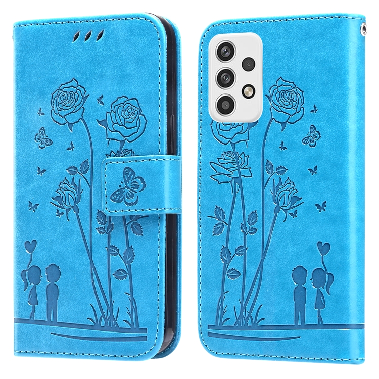 

For Samsung Galaxy A23 Embossing Rose Couple Leather Phone Case(Blue)