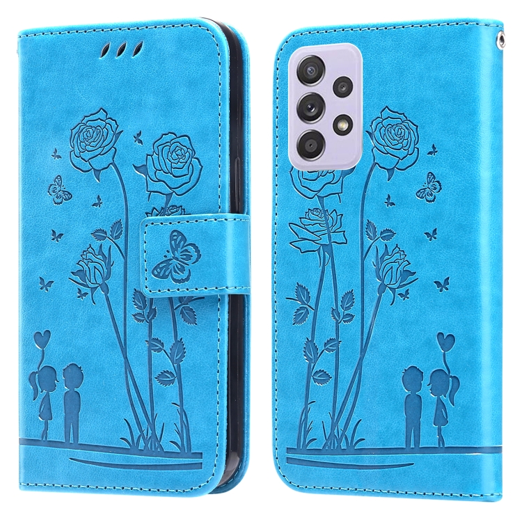 

For Samsung Galaxy A52 5G Embossing Rose Couple Leather Phone Case(Blue)