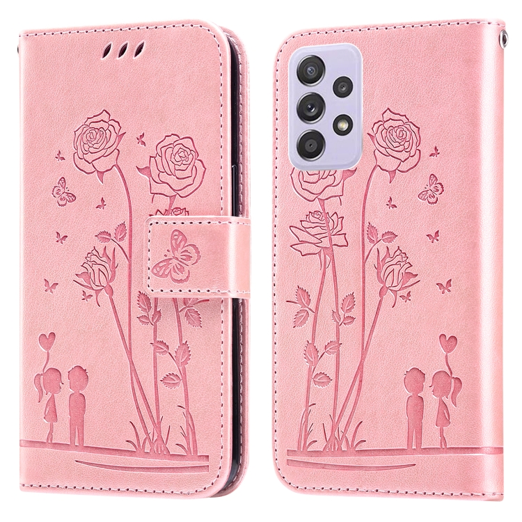 

For Samsung Galaxy A52 5G Embossing Rose Couple Leather Phone Case(Pink)